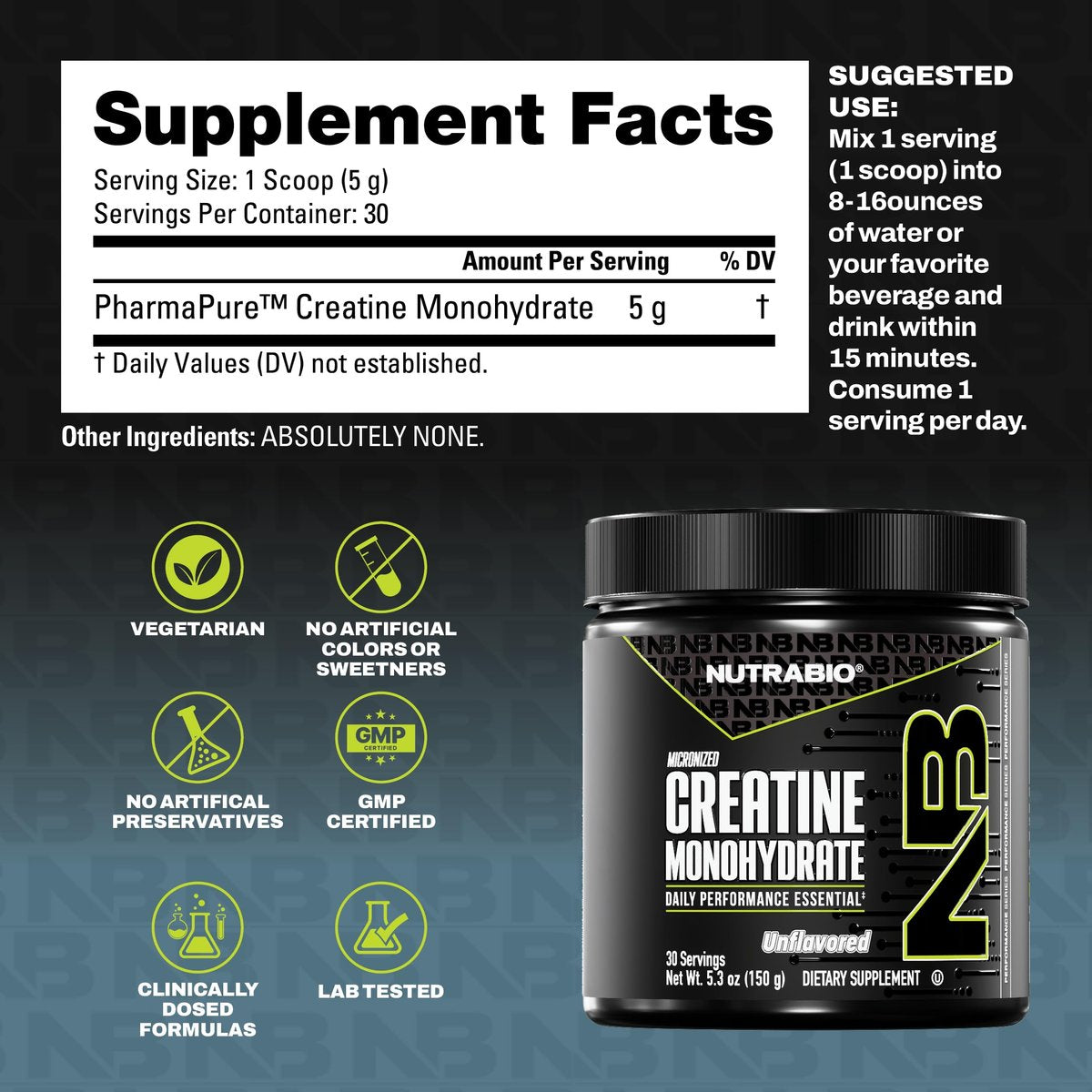 NutraBio Pure Micronized Creatine Monohydrat Pulver – ungesüßt, 150 g – unterstützt Muskelenergie, Erholung und Kraft – HPLC-getestetes Kreatinpulver für Männer und Frauen