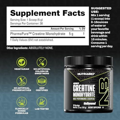 NutraBio Pure Micronized Creatine Monohydrat Pulver – ungesüßt, 150 g – unterstützt Muskelenergie, Erholung und Kraft – HPLC-getestetes Kreatinpulver für Männer und Frauen