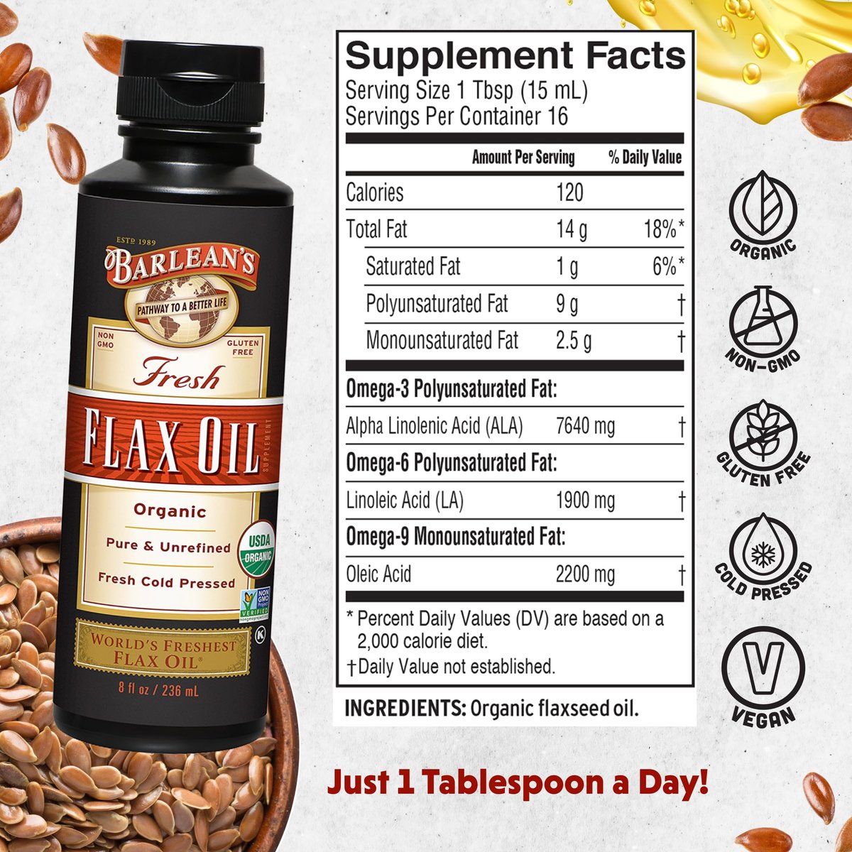 Barlean's Bio Leinsamenöl Flüssig aus frischen kaltgepressten Leinsamen, 7.640 mg ALA Omega-3-Fettsäure-Ergänzung für Haut- und Haarpflege, vegan & glutenfrei, 237 ml