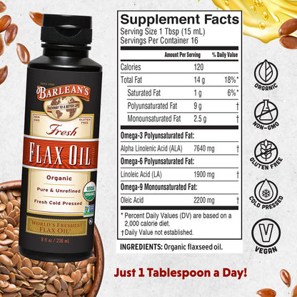 Barlean's Bio Leinsamenöl Flüssig aus frischen kaltgepressten Leinsamen, 7.640 mg ALA Omega-3-Fettsäure-Ergänzung für Haut- und Haarpflege, vegan & glutenfrei, 237 ml