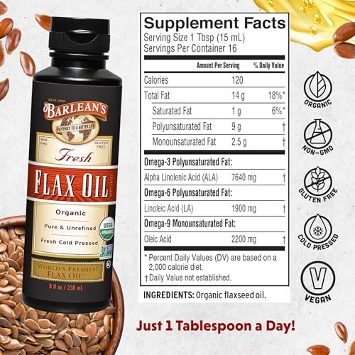 Barlean's Bio Leinsamenöl Flüssig aus frischen kaltgepressten Leinsamen, 7.640 mg ALA Omega-3-Fettsäure-Ergänzung für Haut- und Haarpflege, vegan & glutenfrei, 237 ml