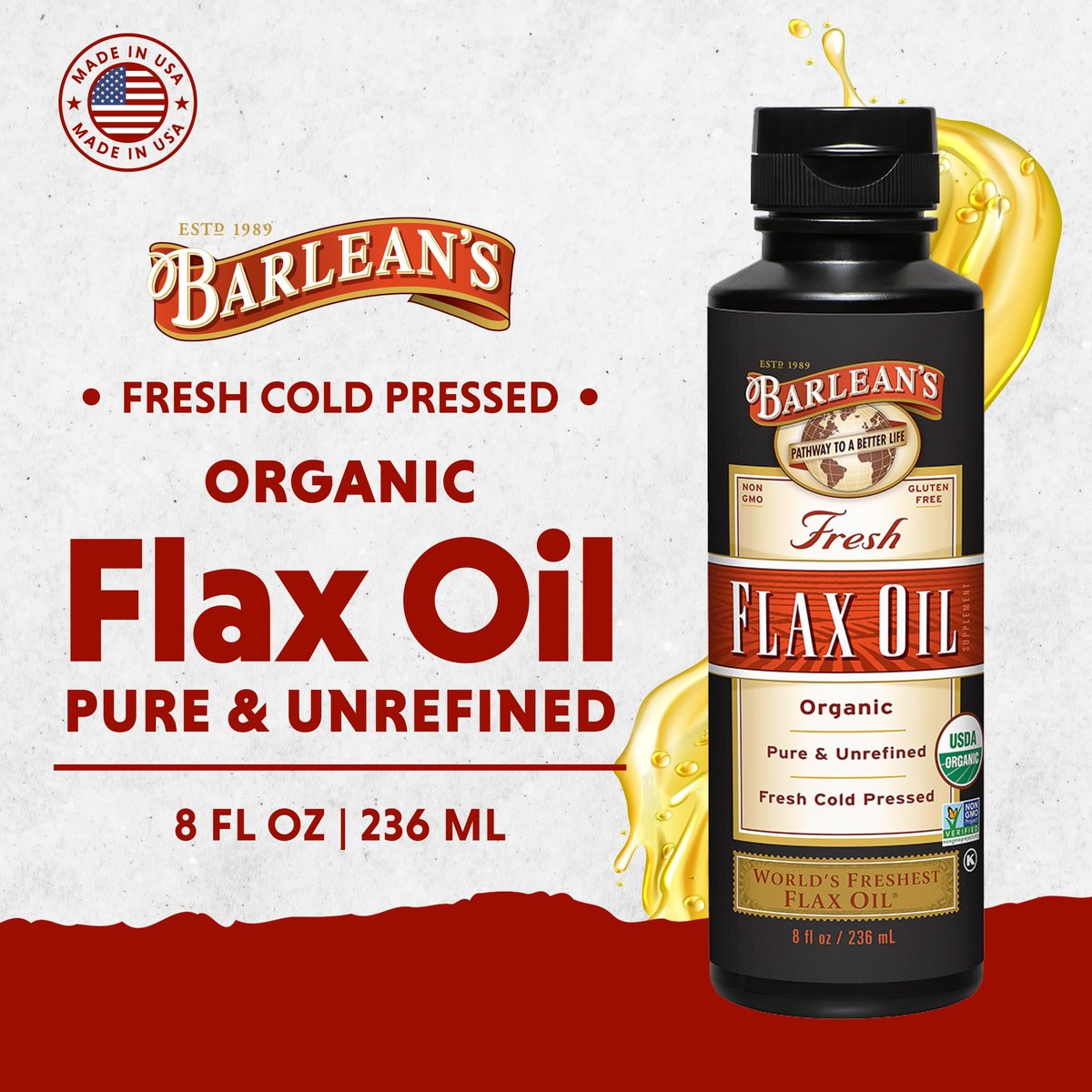 Barlean's Bio Leinsamenöl Flüssig aus frischen kaltgepressten Leinsamen, 7.640 mg ALA Omega-3-Fettsäure-Ergänzung für Haut- und Haarpflege, vegan & glutenfrei, 237 ml