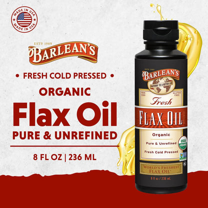 Barlean's Bio Leinsamenöl Flüssig aus frischen kaltgepressten Leinsamen, 7.640 mg ALA Omega-3-Fettsäure-Ergänzung für Haut- und Haarpflege, vegan & glutenfrei, 237 ml
