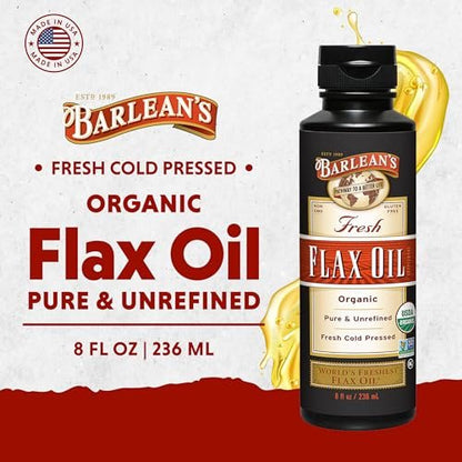 Barlean's Bio Leinsamenöl Flüssig aus frischen kaltgepressten Leinsamen, 7.640 mg ALA Omega-3-Fettsäure-Ergänzung für Haut- und Haarpflege, vegan & glutenfrei, 237 ml