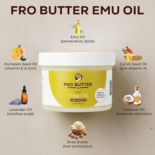 Fro Butter Emu-Öl Haarfeuchtigkeitscreme für schwarze Frauen & Männer | 4C Haarprodukte | Natürliches Haarwachstum | Bio-Inhaltsstoffe | Für gesünderes, stärkeres, dickeres Haar – Locken, Kräuselungen, Kanten & Locs | 227g Glas
