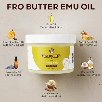 Fro Butter Emu-Öl Haarfeuchtigkeitscreme für schwarze Frauen & Männer | 4C Haarprodukte | Natürliches Haarwachstum | Bio-Inhaltsstoffe | Für gesünderes, stärkeres, dickeres Haar – Locken, Kräuselungen, Kanten & Locs | 227g Glas