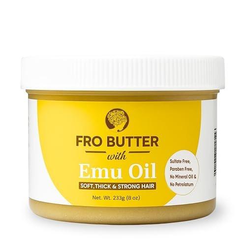 Fro Butter Emu-Öl Haarfeuchtigkeitscreme für schwarze Frauen & Männer | 4C Haarprodukte | Natürliches Haarwachstum | Bio-Inhaltsstoffe | Für gesünderes, stärkeres, dickeres Haar – Locken, Kräuselungen, Kanten & Locs | 227g Glas