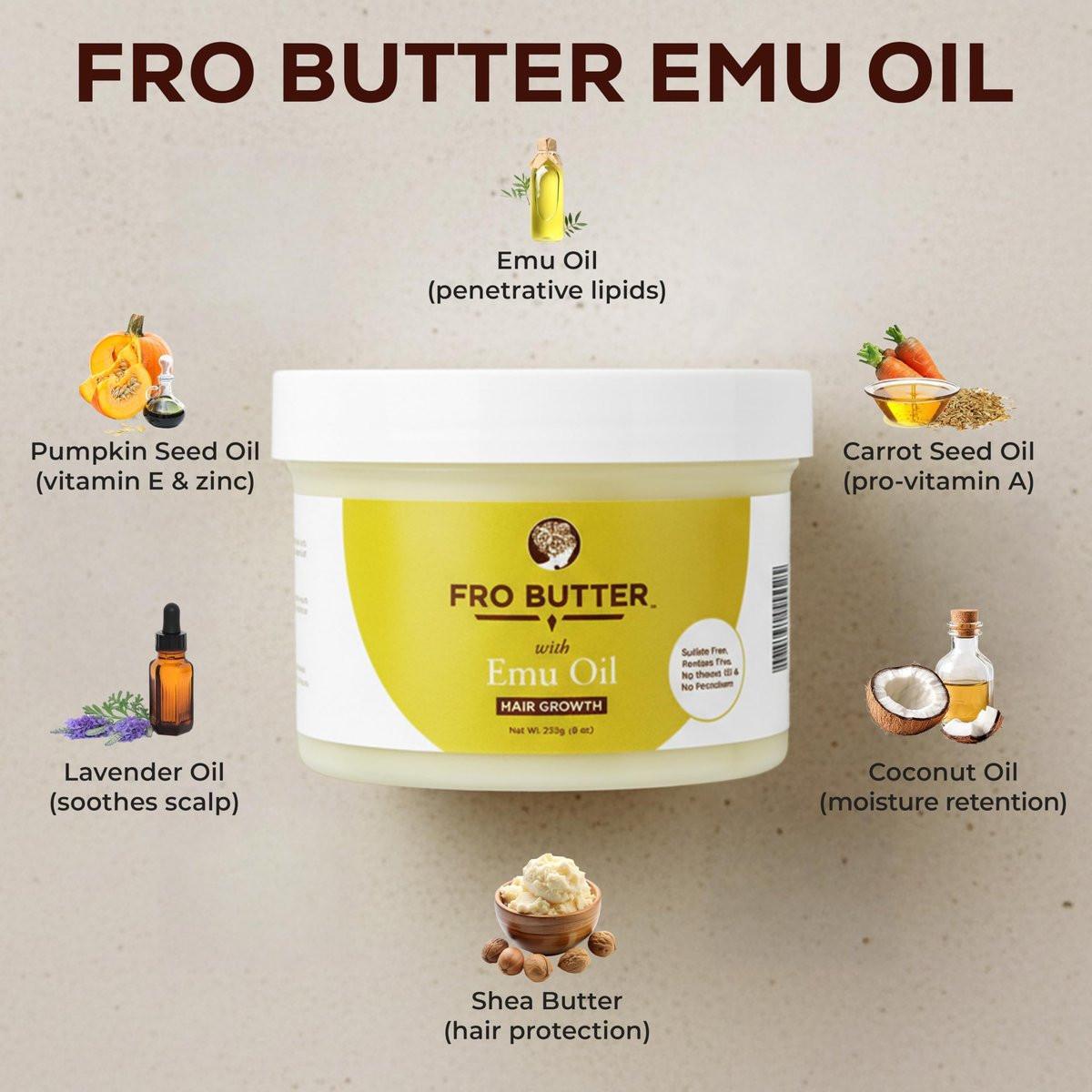Fro Butter Emu-Öl Haarfeuchtigkeitscreme für schwarze Frauen & Männer | 4C Haarprodukte | Natürliches Haarwachstum | Bio-Inhaltsstoffe | Für gesünderes, stärkeres, dickeres Haar – Locken, Kräuselungen, Kanten & Locs | 227g Glas