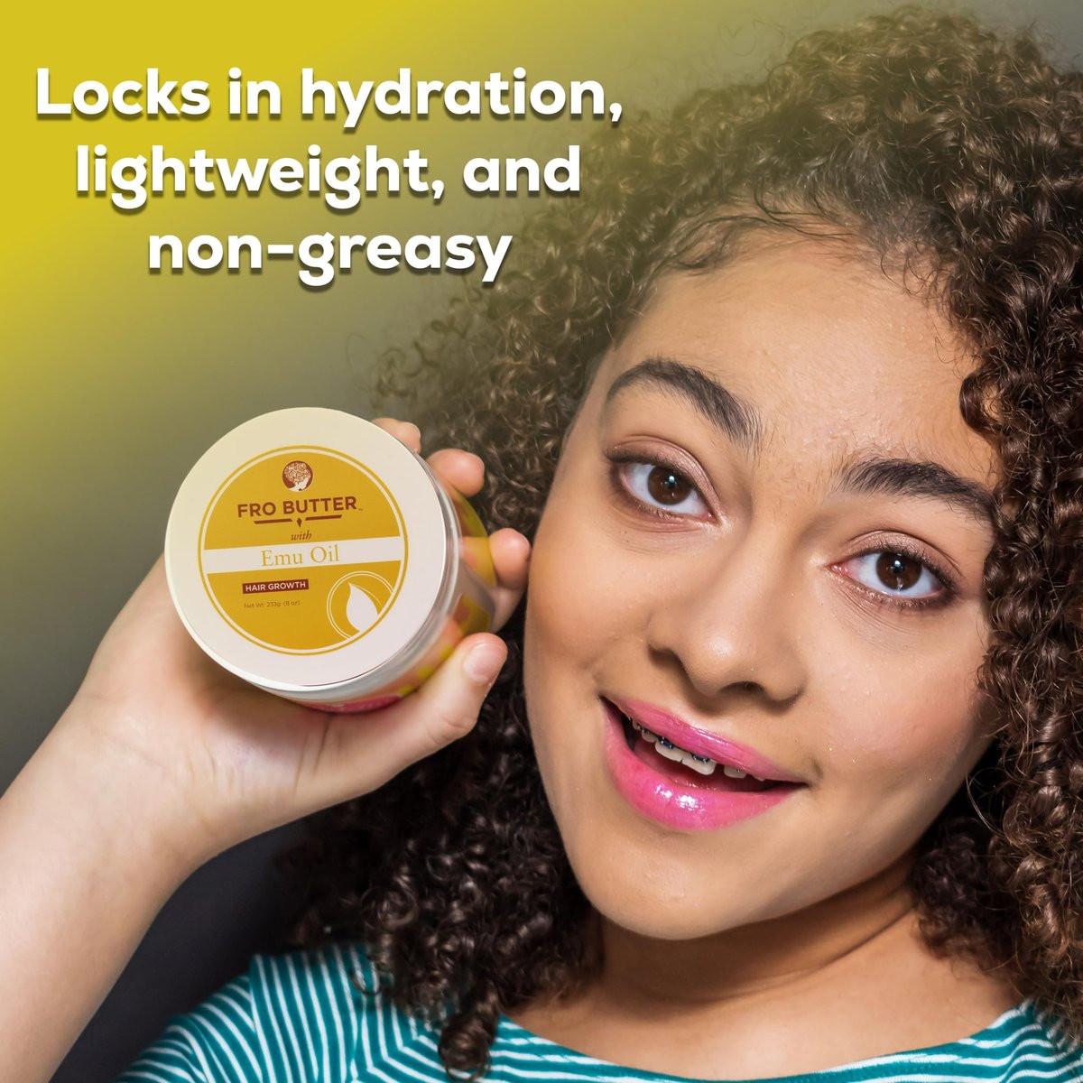 Fro Butter Emu-Öl Haarfeuchtigkeitscreme für schwarze Frauen & Männer | 4C Haarprodukte | Natürliches Haarwachstum | Bio-Inhaltsstoffe | Für gesünderes, stärkeres, dickeres Haar – Locken, Kräuselungen, Kanten & Locs | 227g Glas