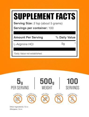 BulkSupplements.com L-Arginin HCl Pulver – Stickstoffmonoxid-Supplement, Arginin Pulver – Ungesüßt & Glutenfrei, 5 g pro Portion, 500 g (1,1 Pfund) (1er-Pack)