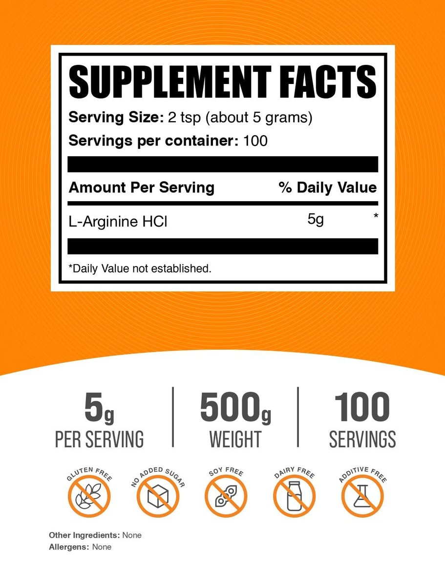 BulkSupplements.com L-Arginin HCl Pulver – Stickstoffmonoxid-Supplement, Arginin Pulver – Ungesüßt & Glutenfrei, 5 g pro Portion, 500 g (1,1 Pfund) (1er-Pack)