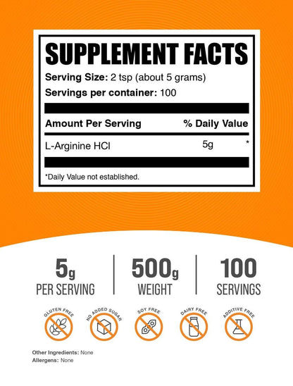 BulkSupplements.com L-Arginin HCl Pulver – Stickstoffmonoxid-Supplement, Arginin Pulver – Ungesüßt & Glutenfrei, 5 g pro Portion, 500 g (1,1 Pfund) (1er-Pack)
