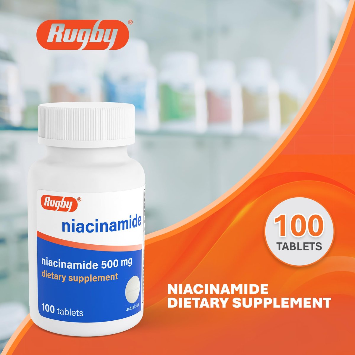 Rugby Niacinamid 500 mg Tabletten, Glutenfreies Nahrungsergänzungsmittel für Erwachsene, Unterstützt die allgemeine Gesundheit, Ohne künstliche Aromen - 100 Stück (1er Pack)