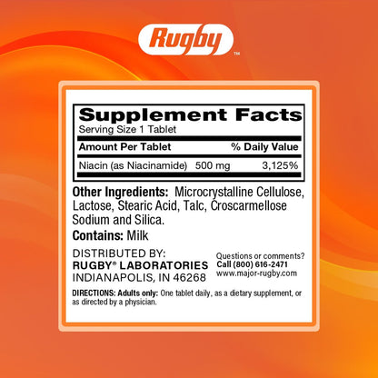 Rugby Niacinamid 500 mg Tabletten, Glutenfreies Nahrungsergänzungsmittel für Erwachsene, Unterstützt die allgemeine Gesundheit, Ohne künstliche Aromen - 100 Stück (1er Pack)