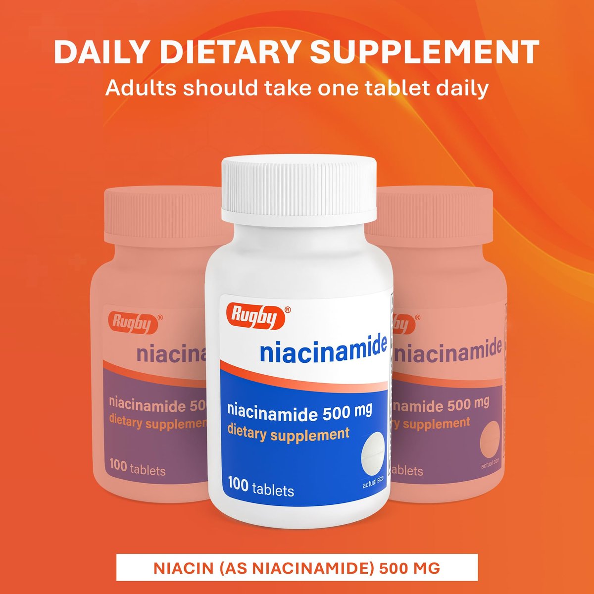 Rugby Niacinamid 500 mg Tabletten, Glutenfreies Nahrungsergänzungsmittel für Erwachsene, Unterstützt die allgemeine Gesundheit, Ohne künstliche Aromen - 100 Stück (1er Pack)