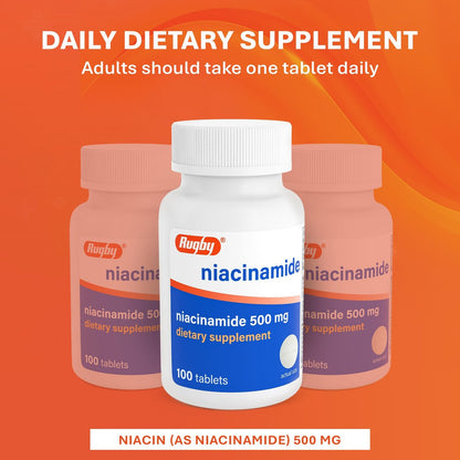 Rugby Niacinamid 500 mg Tabletten, Glutenfreies Nahrungsergänzungsmittel für Erwachsene, Unterstützt die allgemeine Gesundheit, Ohne künstliche Aromen - 100 Stück (1er Pack)