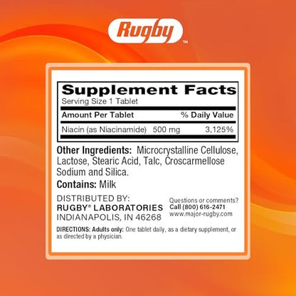 Rugby Niacinamid 500 mg Tabletten, glutenfreies Nahrungsergänzungsmittel für Erwachsene, unterstützt die allgemeine Gesundheit, ohne künstliche Aromen – 100 Tabletten (3er-Pack)