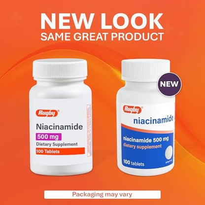 Rugby Niacinamid 500 mg Tabletten, Glutenfreies Nahrungsergänzungsmittel für Erwachsene, Unterstützt die allgemeine Gesundheit, Ohne künstliche Aromen - 100 Stück (1er Pack)