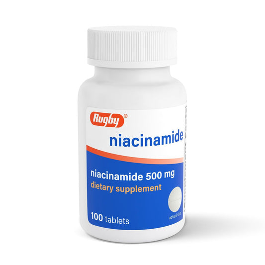 Rugby Niacinamid 500 mg Tabletten, Glutenfreies Nahrungsergänzungsmittel für Erwachsene, Unterstützt die allgemeine Gesundheit, Ohne künstliche Aromen - 100 Stück (1er Pack)