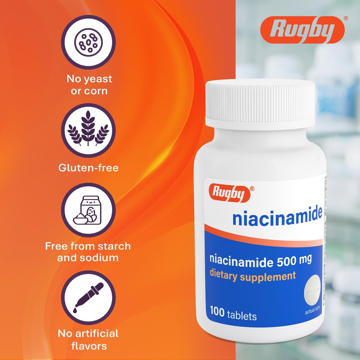 Rugby Niacinamid 500 mg Tabletten, Glutenfreies Nahrungsergänzungsmittel für Erwachsene, Unterstützt die allgemeine Gesundheit, Ohne künstliche Aromen - 100 Stück (1er Pack)