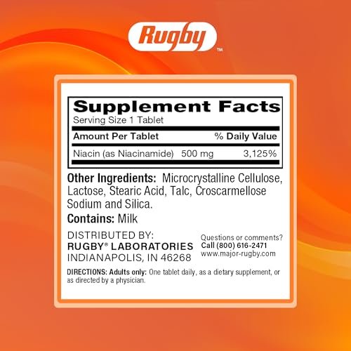 Rugby Niacinamid 500 mg Tabletten, Glutenfreies Nahrungsergänzungsmittel für Erwachsene, Unterstützt die allgemeine Gesundheit, Ohne künstliche Aromen - 100 Stück (1er Pack)