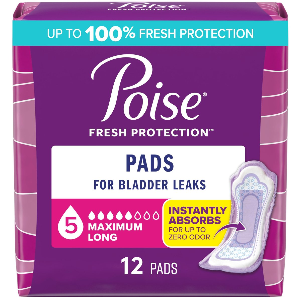 Poise Inkontinenz- & Wochenbett-Einlagen bei Blasenschwäche, 5 Tropfen Maximale Saugfähigkeit, Lange Länge, 12 Stück