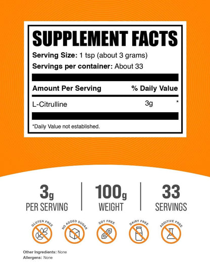 BulkSupplements L-Citrullin Pulver - 100g (3,5 oz) - Geschmacksneutral & Glutenfrei - 3g pro Portion - Nitric Oxide Booster