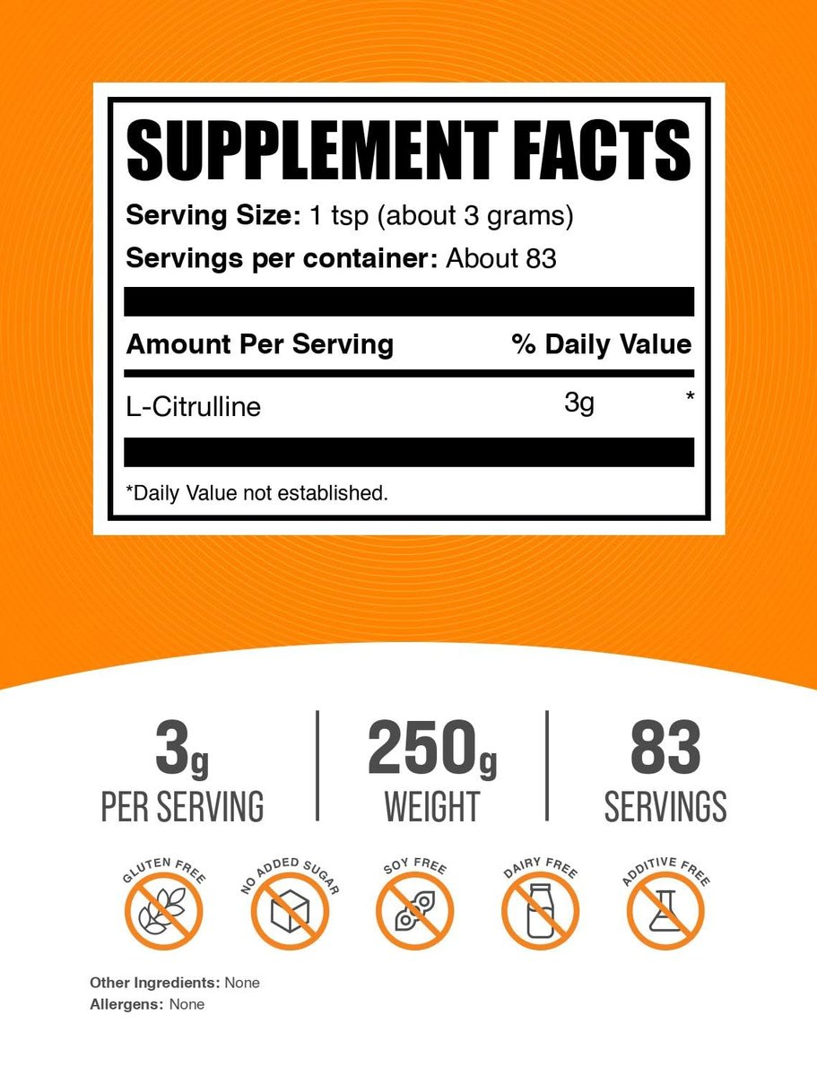 BulkSupplements.com L-Citrullin-Pulver – veganes Pre-Workout zur Durchblutungsförderung, 250 g (8,8 oz)