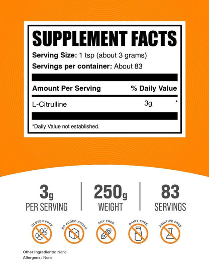 BulkSupplements.com L-Citrullin-Pulver – veganes Pre-Workout zur Durchblutungsförderung, 250 g (8,8 oz)