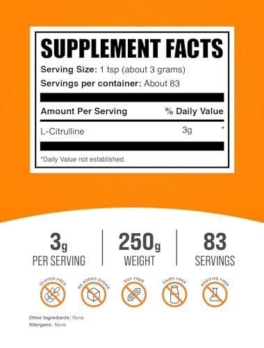 BulkSupplements.com L-Citrullin-Pulver – veganes Pre-Workout zur Durchblutungsförderung, 250 g (8,8 oz)