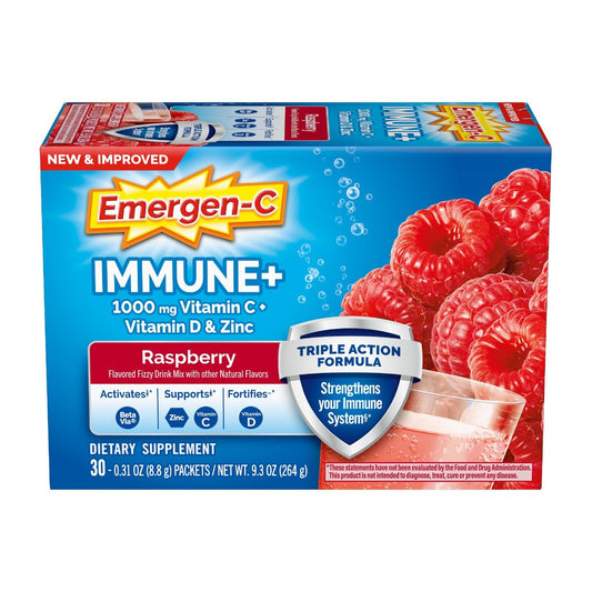 Emergen-C Immune+ Triple Action Immununterstützung Pulver mit BetaVia®, 1000 mg Vitamin C, B-Vitamine, Vitamin D und Antioxidantien, Himbeere – 30 Portionen