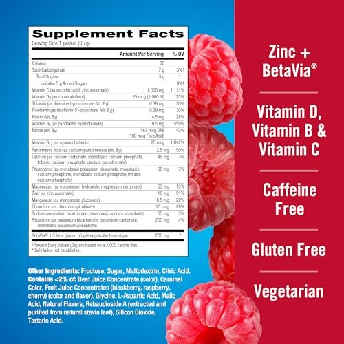 Emergen-C Immune+ Triple Action Immununterstützung Pulver mit BetaVia®, 1000 mg Vitamin C, B-Vitamine, Vitamin D und Antioxidantien, Himbeere – 30 Portionen