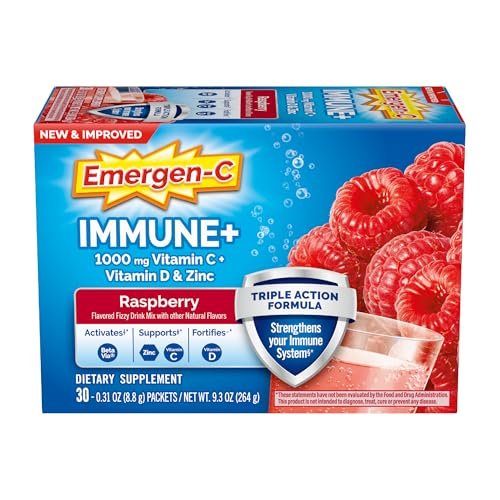 Emergen-C Immune+ Triple Action Immununterstützung Pulver mit BetaVia®, 1000 mg Vitamin C, B-Vitamine, Vitamin D und Antioxidantien, Himbeere – 30 Portionen