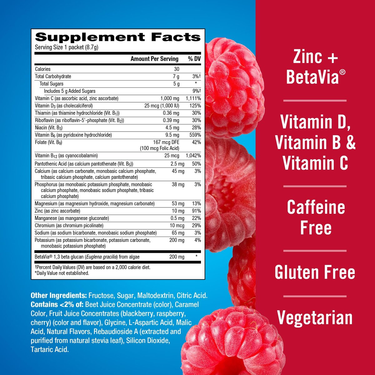 Emergen-C Immune+ Triple Action Immununterstützung Pulver mit BetaVia®, 1000 mg Vitamin C, B-Vitamine, Vitamin D und Antioxidantien, Himbeere – 30 Portionen