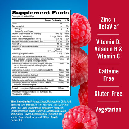 Emergen-C Immune+ Triple Action Immununterstützung Pulver mit BetaVia®, 1000 mg Vitamin C, B-Vitamine, Vitamin D und Antioxidantien, Himbeere – 30 Portionen