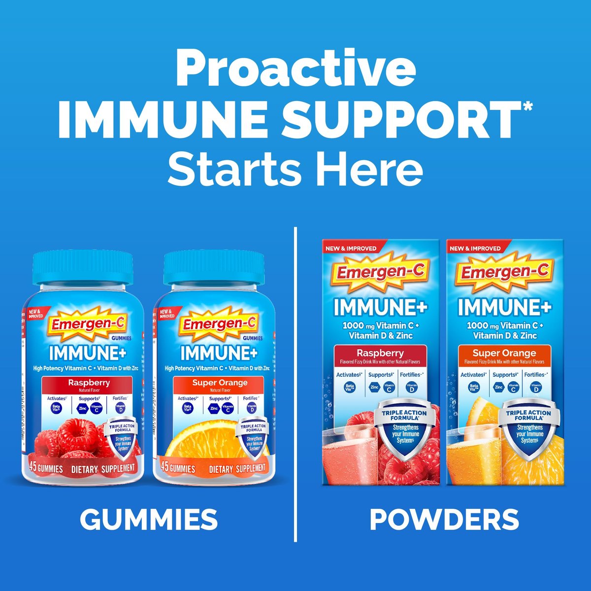 Emergen-C Immune+ Triple Action Immununterstützung Pulver mit BetaVia®, 1000 mg Vitamin C, B-Vitamine, Vitamin D und Antioxidantien, Himbeere – 30 Portionen
