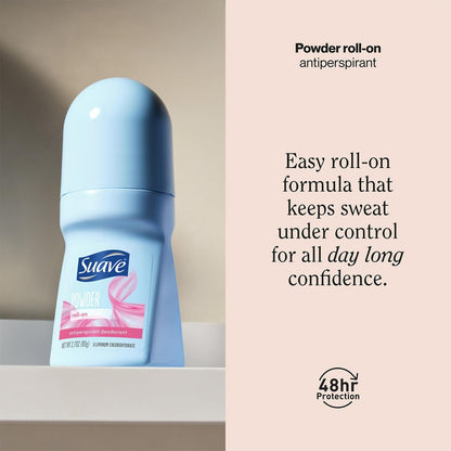 Suave Roll-On Deodorant für Frauen, Powder Fresh Duft, 2er-Pack – Antitranspirant-Deodorant mit 24-Stunden-Schweiß- und Geruchsschutz, 2,7 Oz pro Stück