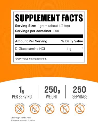 BulkSupplements.com Glucosamin HCl Pulver – Glucosamin Ergänzung, Gelenkunterstützung – Glutenfrei, 1 g pro Portion, 250 g (8,8 oz) (1er-Pack)