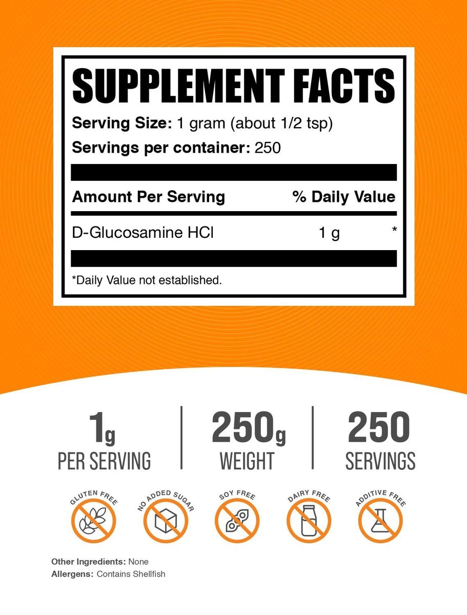 BulkSupplements.com Glucosamin HCl Pulver – Glucosamin Ergänzung, Gelenkunterstützung – Glutenfrei, 1 g pro Portion, 250 g (8,8 oz) (1er-Pack)
