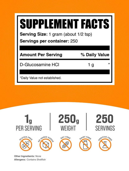 BulkSupplements.com Glucosamin HCl Pulver – Glucosamin Ergänzung, Gelenkunterstützung – Glutenfrei, 1 g pro Portion, 250 g (8,8 oz) (1er-Pack)