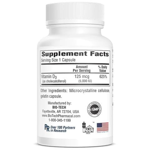 Bio-Tech Pharmacal D3-5 (5000 IE) – 250 Kapseln – Natürliches Vitamin-D-Präparat für Knochen- und Immunsystem – Ohne Milchprodukte, Fisch, Gluten, Erdnüsse, Schalentiere & Soja – Keine künstlichen Farbstoffe