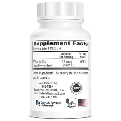 Bio-Tech Pharmacal D3-5 (5000 IE) – 250 Kapseln – Natürliches Vitamin-D-Präparat für Knochen- und Immunsystem – Ohne Milchprodukte, Fisch, Gluten, Erdnüsse, Schalentiere & Soja – Keine künstlichen Farbstoffe