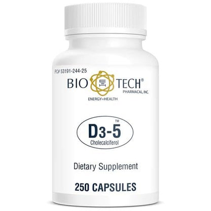 Bio-Tech Pharmacal D3-5 (5000 IE) – 250 Kapseln – Natürliches Vitamin-D-Präparat für Knochen- und Immunsystem – Ohne Milchprodukte, Fisch, Gluten, Erdnüsse, Schalentiere & Soja – Keine künstlichen Farbstoffe