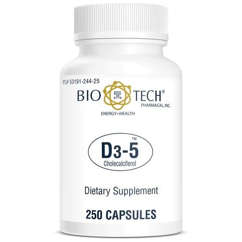 Bio-Tech Pharmacal D3-5 (5000 IE) – 250 Kapseln – Natürliches Vitamin-D-Präparat für Knochen- und Immunsystem – Ohne Milchprodukte, Fisch, Gluten, Erdnüsse, Schalentiere & Soja – Keine künstlichen Farbstoffe