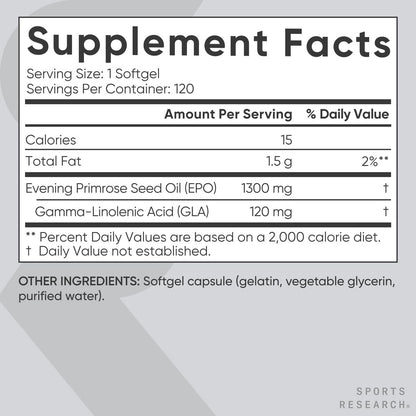 Sports Research Nachtkerzenöl Kapseln 1300mg – Kaltgepresst, 120 Softgels für Frauen- & Hautgesundheit, Glutenfrei & Nicht-GVO GLA