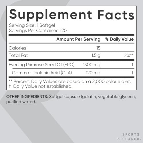 Sports Research Nachtkerzenöl Kapseln 1300mg – Kaltgepresst, 120 Softgels für Frauen- & Hautgesundheit, Glutenfrei & Nicht-GVO GLA