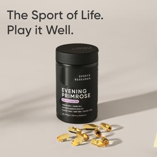 Sports Research Nachtkerzenöl Kapseln 1300mg – Kaltgepresst, 120 Softgels für Frauen- & Hautgesundheit, Glutenfrei & Nicht-GVO GLA