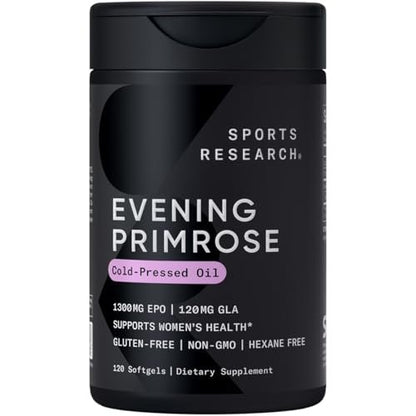 Sports Research Nachtkerzenöl Kapseln 1300mg – Kaltgepresst, 120 Softgels für Frauen- & Hautgesundheit, Glutenfrei & Nicht-GVO GLA