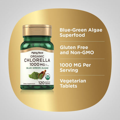 Piping Rock Chlorella 1000 mg – 120 Tabletten – Organische Blaualgen mit gebrochener Zellwand – Non-GMO, Glutenfrei