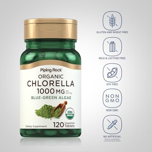 Piping Rock Chlorella 1000 mg – 120 Tabletten – Organische Blaualgen mit gebrochener Zellwand – Non-GMO, Glutenfrei